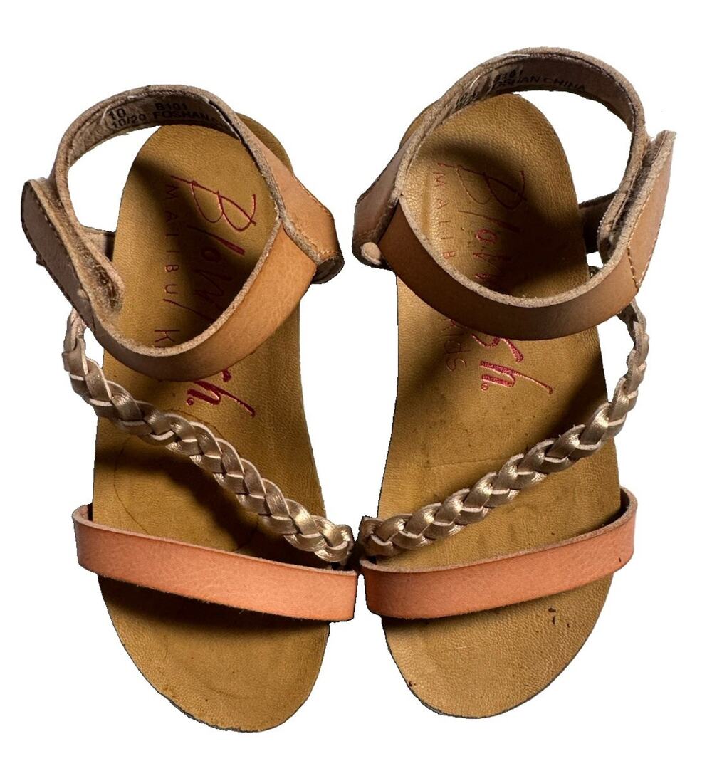 Blowfish Malibu Girls Size 10 Strappy Sandals Tan Coral Gold Braided